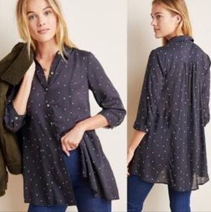 Anthropologie Navy Button Down Shirt with White Dots Size M